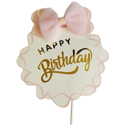 Topper ozdoby na tort napis Happy Birthday z różową kokardką dekoracje urodzinowe