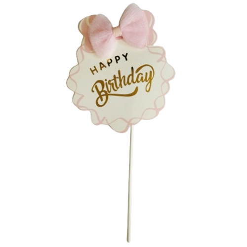 Topper ozdoby na tort napis Happy Birthday z różową kokardką dekoracje urodzinowe