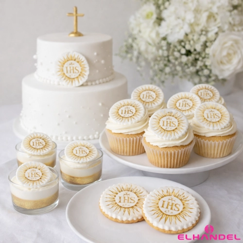 Figurki cukrowe na tort Hostia IHS 3 sztuki ozdoby biało złote dekoracje komunijne
