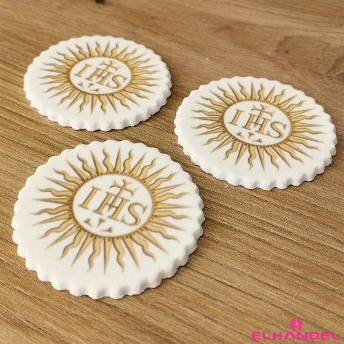 Figurki cukrowe na tort Hostia IHS 3 sztuki ozdoby biało złote dekoracje komunijne