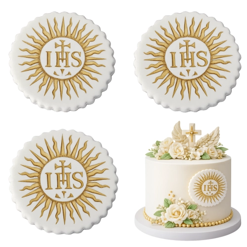 Figurki cukrowe na tort Hostia IHS 3 sztuki ozdoby biało złote dekoracje komunijne