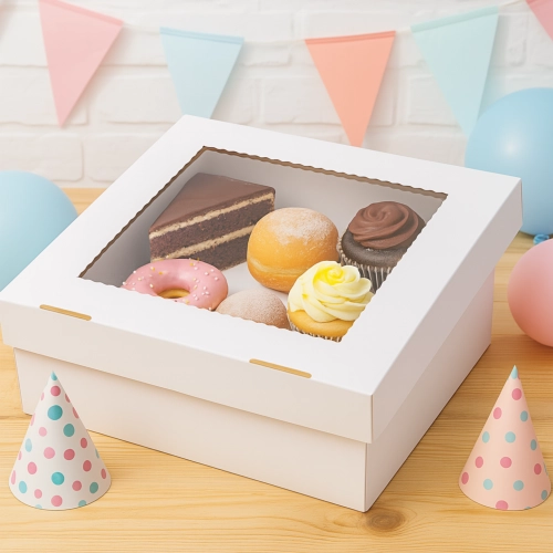 Pudełko na ciasto pączki donut karton na tort opakowanie z okienkiem chrzest wesele biały 30x30x10