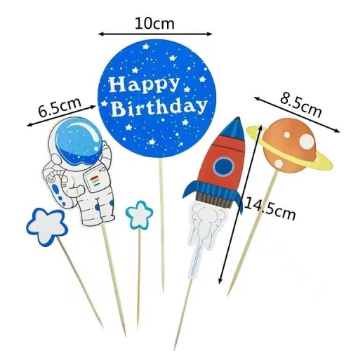 Topper piker ozdoby na tort napis Happy Birthday kosmos planeta rakieta dekoracje urodzinowe zestaw 6 sztuk
