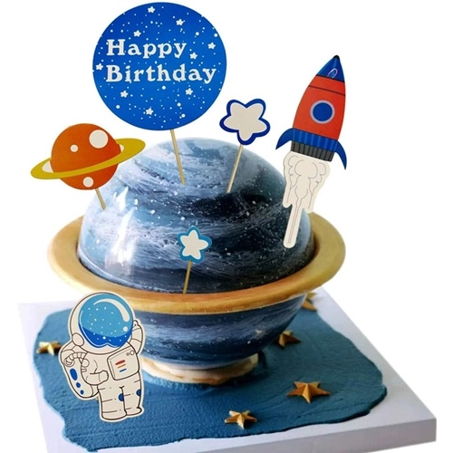 Topper piker ozdoby na tort napis Happy Birthday kosmos planeta rakieta dekoracje urodzinowe zestaw 6 sztuk