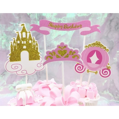 Topper piker ozdoby na tort napis Happy Birthday zamek korona dekoracje urodzinowe zestaw 4 sztuk