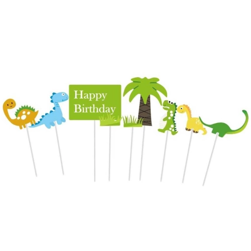Topper piker ozdoby na tort napis Happy Birthday dinozaur dekoracje urodzinowe dino zestaw 9 sztuk