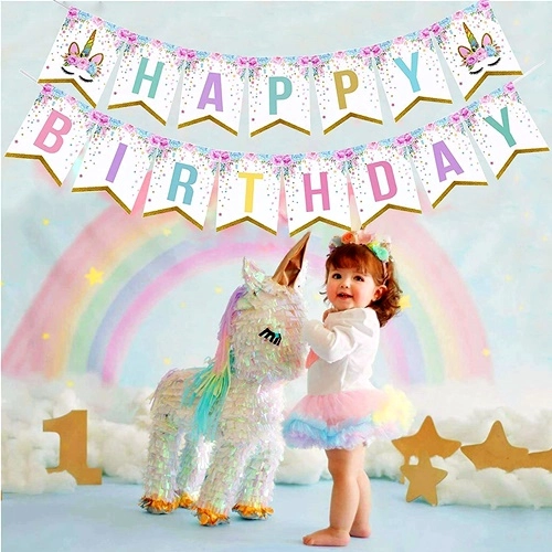 Baner girlanda dekoracja napis Happy Birthday Jednorożec