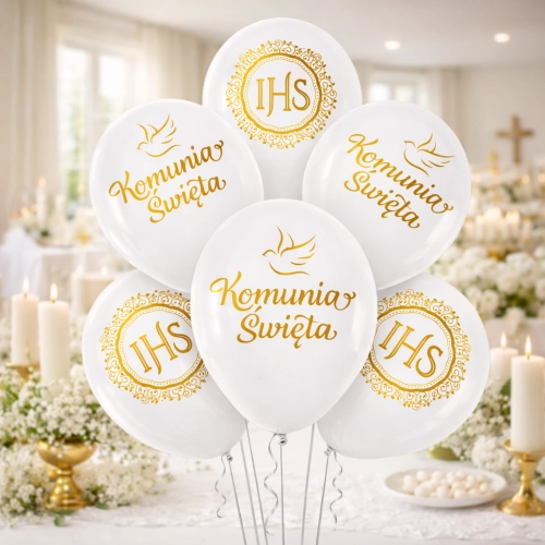 Balony dekoracje komunijne 6 sztuk napis IHS Komunia Święta biały złoty