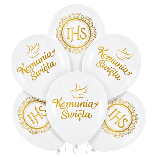 Balony dekoracje komunijne 6 sztuk napis IHS Komunia Święta biały złoty
