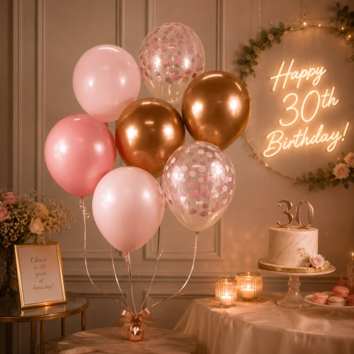 Balony dekoracje urodzinowe lateksowe 7 sztuk róż rose gold konfetti