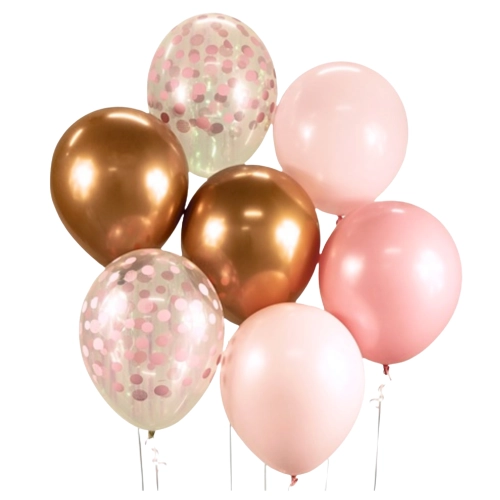 Balony dekoracje urodzinowe lateksowe 7 sztuk róż rose gold konfetti