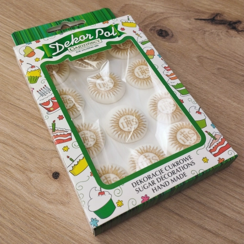 Dekoracje cukrowe na tort bezy 12 sztuk beziki IHS dekoracje komunijne