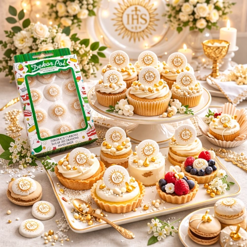 Dekoracje cukrowe na tort bezy 12 sztuk beziki IHS dekoracje komunijne