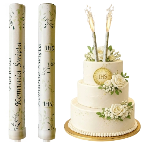 Raca na tort 2 sztuki fontanna tortowa napis Pierwsza Komunia Święta dekoracje komunijne 12 cm