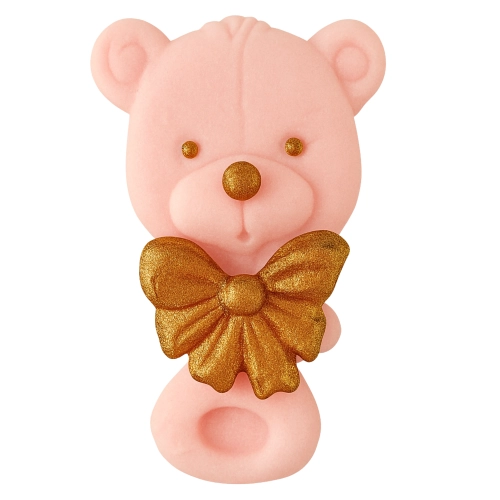 Figurka cukrowa na tort grzechotka miś różowy ze złotą kokardą 1 sztuka