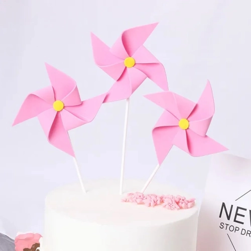 Topper na tort wiatraczek różowy dla dziewczynki dekoracje na roczek baby shower urodziny wiatrak zestaw 3 sztuk