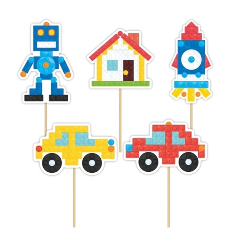 Topper piker ozdoby na tort babeczki robot rakieta minecraft piksele dekoracje urodzinowe zestaw 5 sztuk