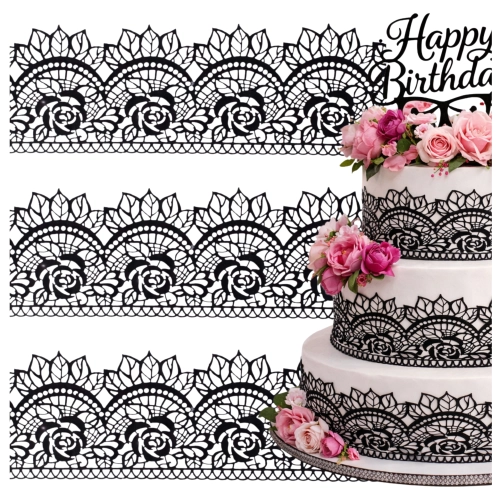 Koronka cukrowa czarna 3 sztuki ozdoby na tort dekoracje urodzinowe komunia wesele