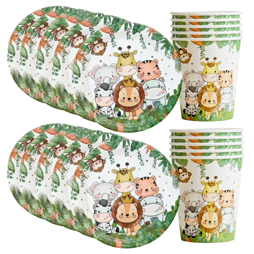 Talerzyki kubeczki papierowe zwierzęta zoo safari ozdoby na stół 20 sztuk
