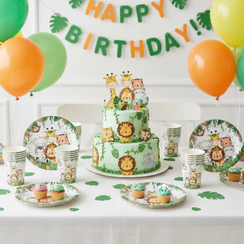 Talerzyki kubeczki papierowe zwierzęta zoo safari ozdoby na stół 20 sztuk