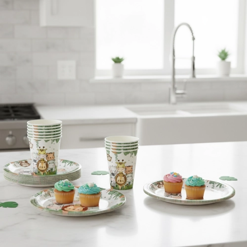 Talerzyki kubeczki papierowe zwierzęta zoo safari ozdoby na stół 20 sztuk