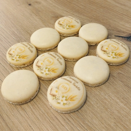 Dekoracje na tort komunijny 10 sztuk makaroniki ciasteczka beza Pierwsza Komunia Święta