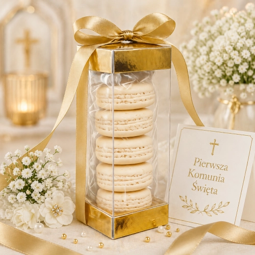 Dekoracje na tort komunijny 10 sztuk makaroniki ciasteczka beza Pierwsza Komunia Święta
