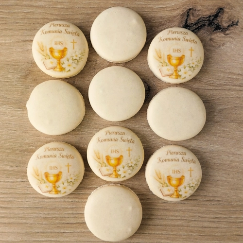 Dekoracje na tort komunijny 10 sztuk makaroniki ciasteczka beza Pierwsza Komunia Święta