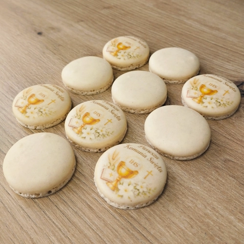 Dekoracje na tort komunijny 10 sztuk makaroniki ciasteczka beza Pierwsza Komunia Święta