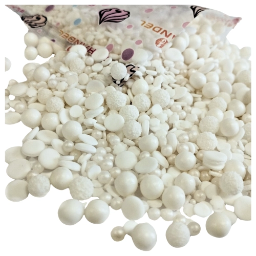 Posypka cukrowa na tort białe perłowe perełki maczki konfetti mimoza śnieżynki pałeczki święta Boże Narodzenie 50g