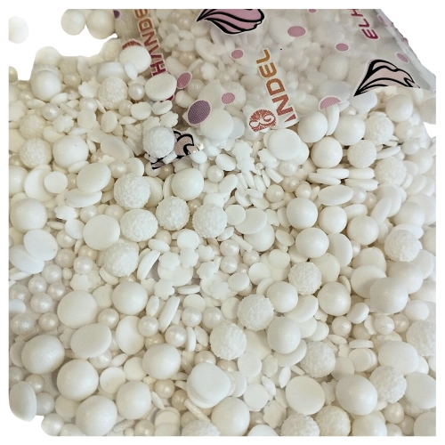 Posypka cukrowa na tort białe perłowe perełki maczki konfetti mimoza śnieżynki pałeczki święta Boże Narodzenie 100g