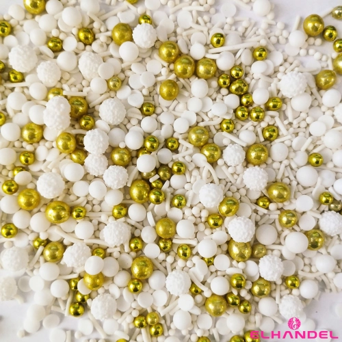 Posypka na tort 70g perełki cukrowe biało złota dekoracje komunijne wesele urodziny