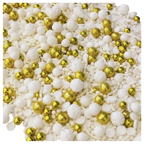 Posypka na tort 70g perełki cukrowe biało złota dekoracje komunijne wesele urodziny