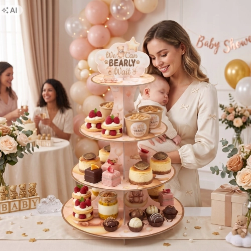 Patera papierowa na ciasto babeczki stojak na muffinki miś beżowy urodziny