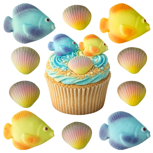 Dekoracje cukrowe na tort 10 sztuk muszelki rybki na babeczki dekoracje urodzinowe
