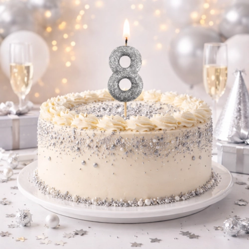 Świeczki ozdoby na tort świeczka srebrna brokatowa cyfra 8 dekoracje urodzinowe 1szt