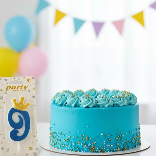 Świeczka na tort niebieska cyfra 9 świeczki urodzinowe brokatowe z koroną