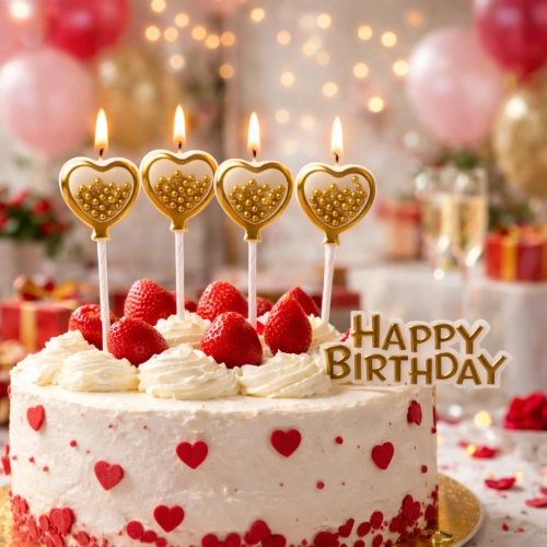 Świeczki serduszka złote brokatowe kulki napis happy birthday na bok tortu 5el