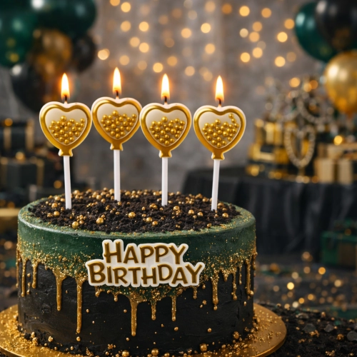 Świeczki serduszka złote brokatowe kulki napis happy birthday na bok tortu 5el