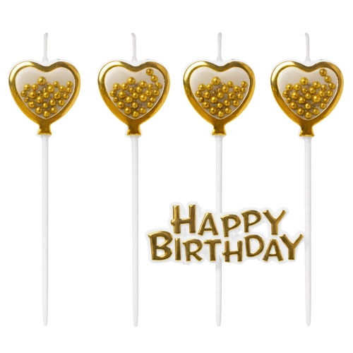 Świeczki serduszka złote brokatowe kulki napis happy birthday na bok tortu 5e