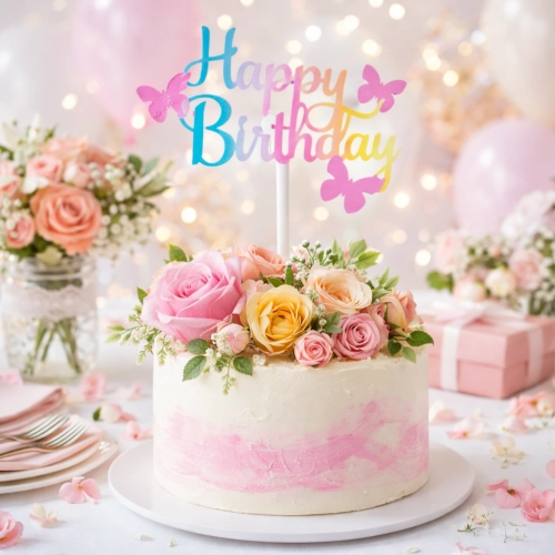 Topper na tort tęczowy napis happy birthday motylki na babeczki ozdoby na tort