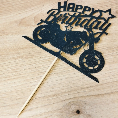 Topper na tort napis Happy Birthday czarny brokatowy motor dekoracje urodzinowe
