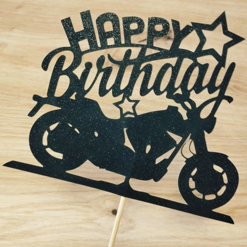 Topper na tort napis Happy Birthday czarny brokatowy motor dekoracje urodzinowe