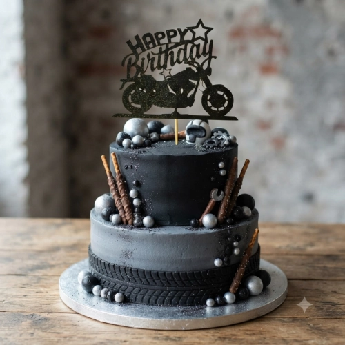 Topper na tort napis Happy Birthday czarny brokatowy motor dekoracje urodzinowe