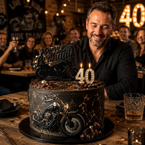 Topper na tort napis Happy Birthday czarny brokatowy motor dekoracje urodzinowe