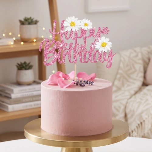 Topper na tort napis Happy Birthday różowy brokatowy dekoracje urodzinowe