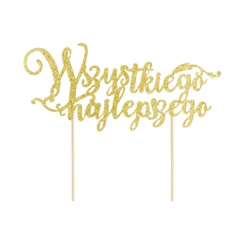 Topper ozdoby na tort napis Wszystkiego Najlepszego złoty brokatowy dekoracje urodzinowe