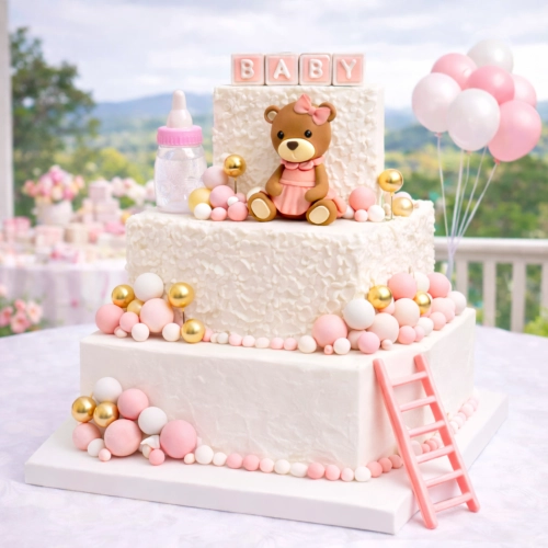 Topper na tort kule na piku miś klocki ozdoby na roczek dekoracje białe różowe złote