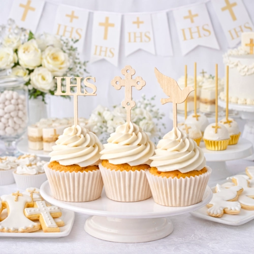 Topper na tort muffinki krzyż gołąbek IHS ozdoby dekoracje komunijne