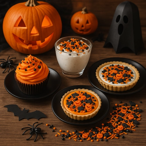Posypka cukrowa na tort halloween perełki maczki dynia nietoperz pomarańczowo czarna 50g